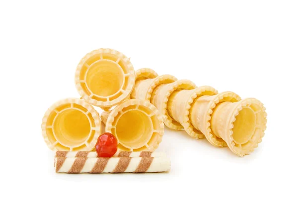 Ice cream cones with cherry and waffle — Stock Photo, Image