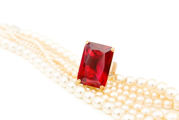 Ruby ring and pearls — Stock Photo, Image