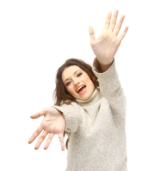 Aufgeregte junge Frau zeigt mit beiden Händen — Stockfoto