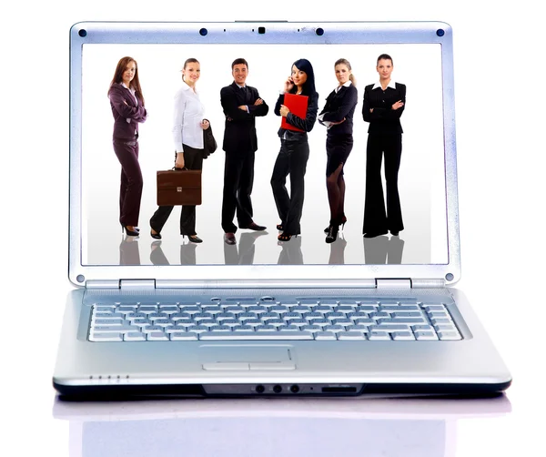 Moderner Laptop isoliert auf weiß mit Reflexionen auf Glastisch — Stockfoto