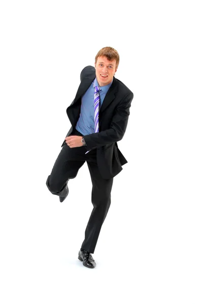 Homem de negócios correndo para o sucesso em sua carreira - isolado sobre branco — Fotografia de Stock