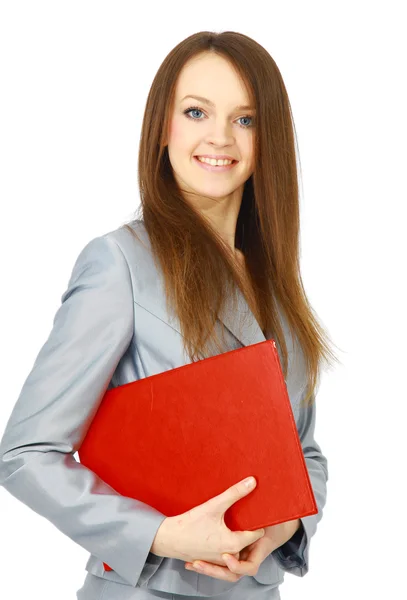 Mujer de negocios positiva sonriendo sobre fondo blanco — Foto de Stock
