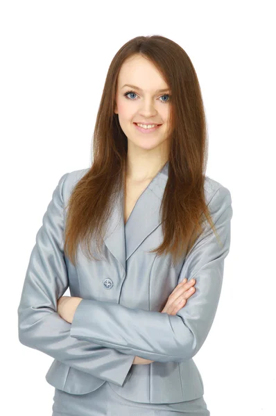 Positieve business vrouw die lacht op witte achtergrond — Stockfoto