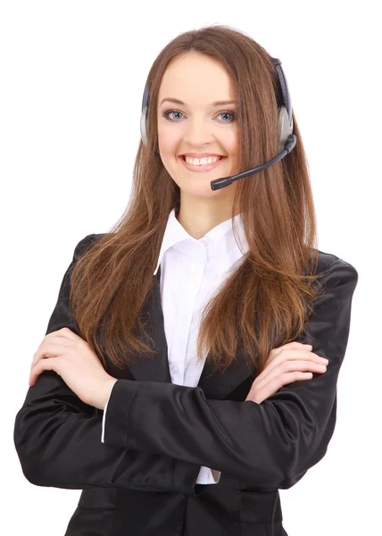 オフィスの壁にヘッドセットを着ている女性受付をすることができます。 — ストック写真