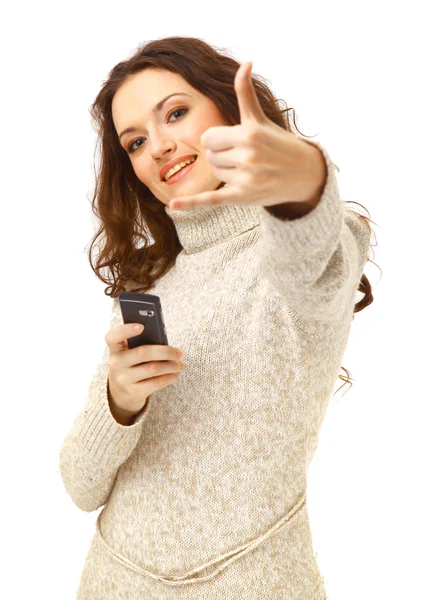 Mujer en el teléfono aislado sobre fondo blanco — Foto de Stock