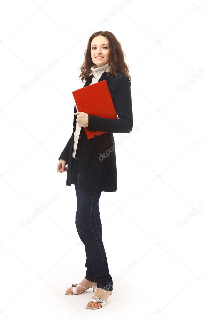 Isolated full-body portrait of a beautiful young female student.