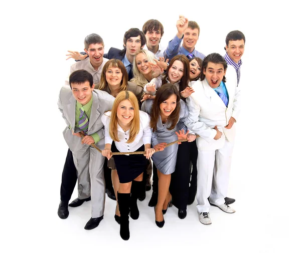 Jovens negócios amarrados juntos contra fundo branco — Fotografia de Stock