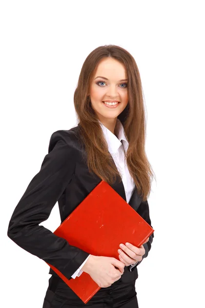 Mujer de negocios positiva sonriendo sobre fondo blanco — Foto de Stock