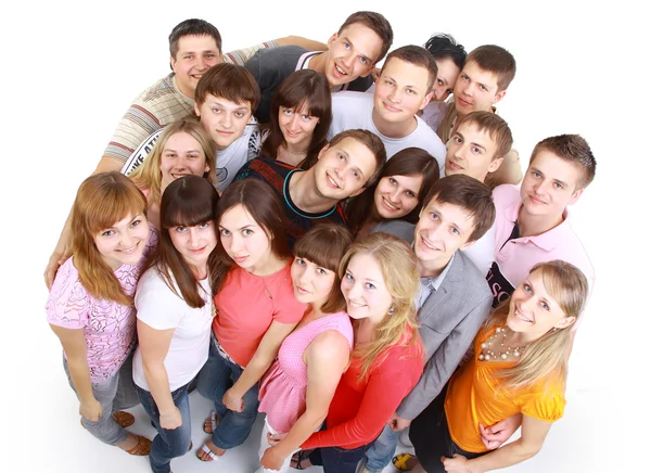 Top view portrait of happy men and women standing together and smiling — Stock Photo, Image