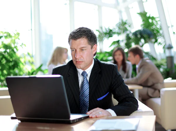 Jovem executivo inteligente trabalhando em um laptop com colegas em segundo plano — Fotografia de Stock