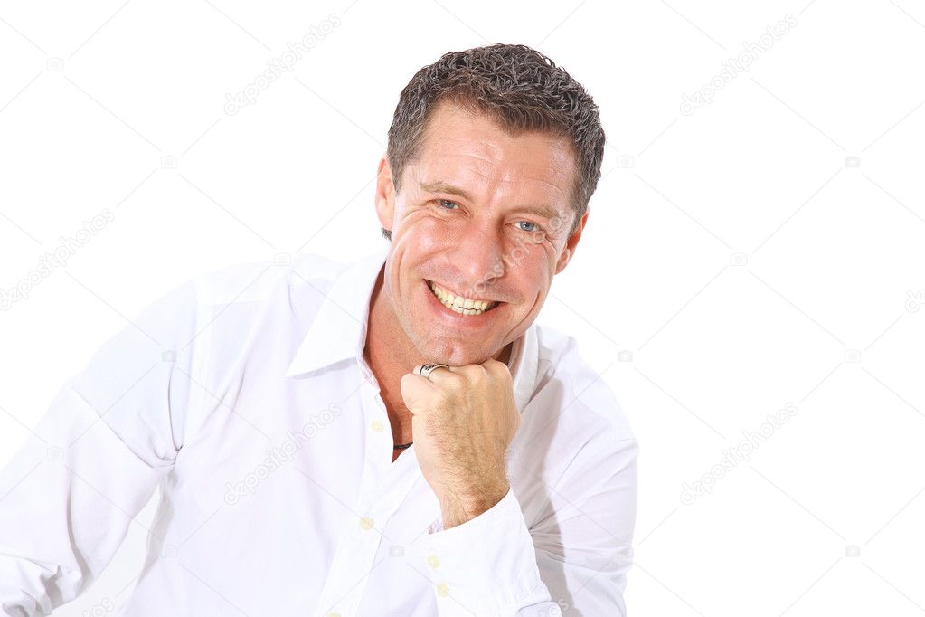Closeup portrait of a senior man smiling on white background