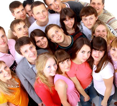 Top view portrait of happy men and women standing together and smiling clipart