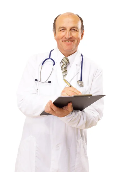Z stetoskop uśmiechający się lekarza. na białym tle nad białym — Zdjęcie stockowe