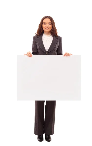 Cute indická žena představuje s prázdnou bílou tabuli — Stock fotografie