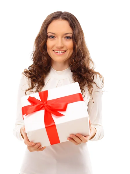 Obrázek veselý Santa pomocník dívka s dárkovou krabicí — Stock fotografie
