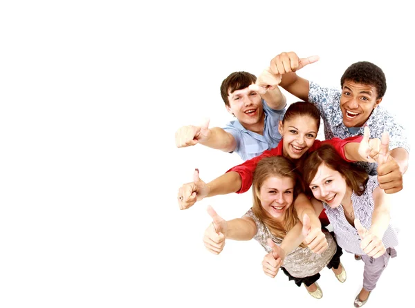 Top view of young friends with hands raised — Stock Photo, Image
