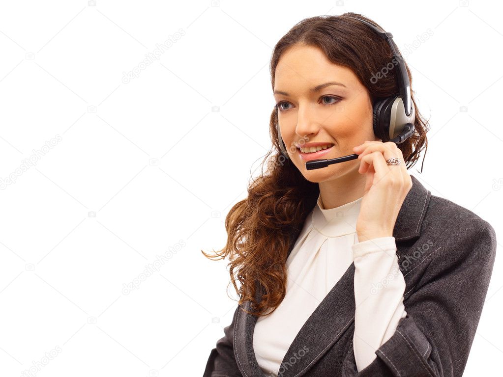 Woman wearing headset in office; could be receptionist
