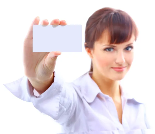 Portrait of a beautiful businesswoman holding a white card — Stock Photo, Image