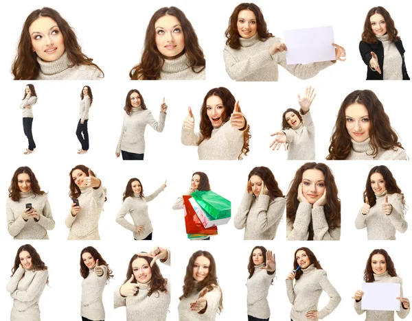 Collection portraits of a charming female posing over white background — Stock Photo, Image