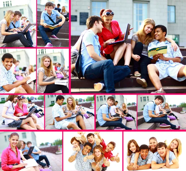 Collection photos of students on steps — Stock Photo, Image