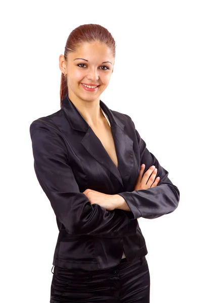 Mujer de negocios positiva sonriendo sobre fondo blanco — Foto de Stock