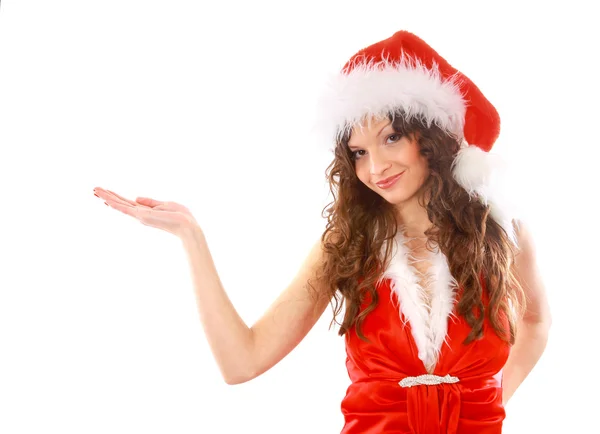 Menina feliz vestida de Papai Noel com presentes de Natal — Fotografia de Stock