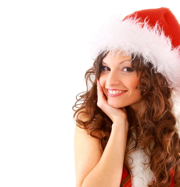 Ευτυχισμένος κορίτσι ντυμένοι ως Σάντα με Χριστουγεννιάτικα δώρα — Φωτογραφία Αρχείου