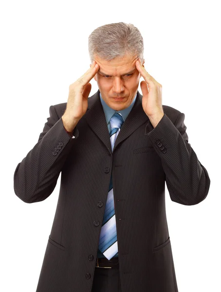 Homem de negócios em depressão com a mão na testa, isolado sobre branco — Fotografia de Stock