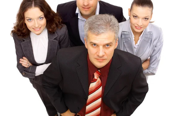Top view of a smiling group of business standing together and lookin — Stock Photo, Image