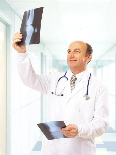 Mature Doctor looking at an x-ray in a hospital — Stock Photo, Image