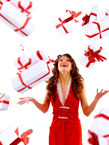 Mujer atractiva emocionada con muchas cajas de regalo y bolsas — Foto de Stock
