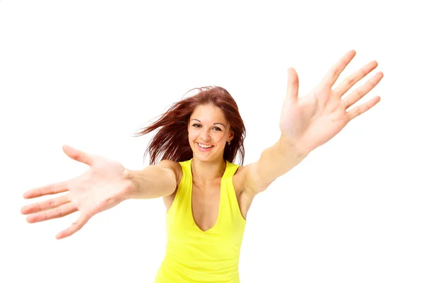 Молода жінка жестикулює руками на білому тлі — стокове фото