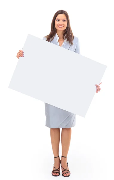Isolation einer Geschäftsfrau, die neben einem leeren Brett steht — Stockfoto