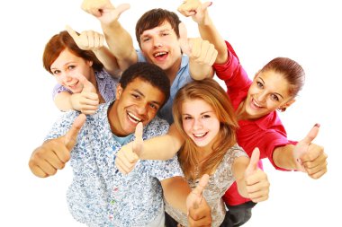 Group of happy joyful friends standing with hands up isolated on white back