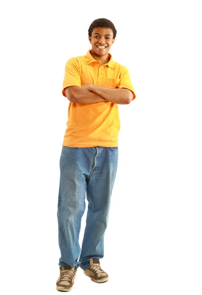Naturale guardando sorridente giovane afroamericano maschio modello su isolato backg — Foto Stock