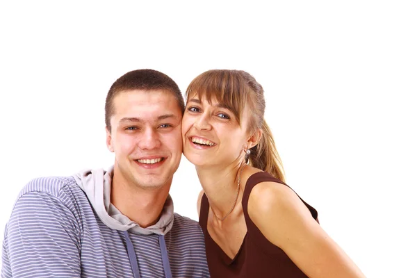 Lyckligt leende par i kärlek, över vit bakgrund — Stockfoto