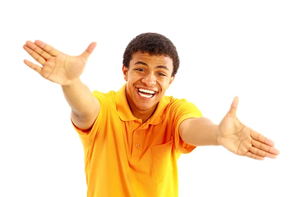 成功登录-一名年轻男子在白色背景显示标志竖起大拇指 — 图库照片
