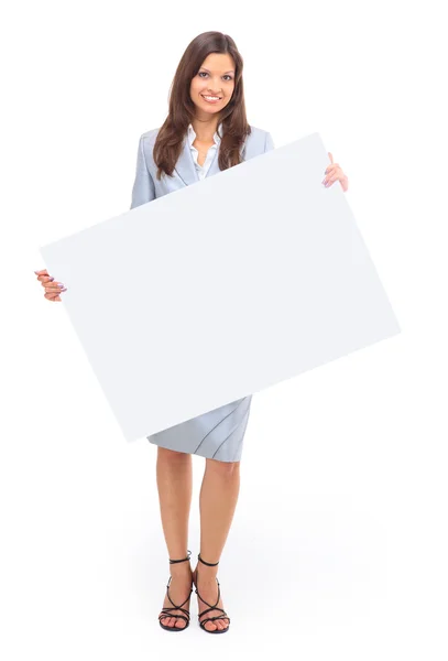Söt indisk kvinna presenterar med en tom vit tavla — Stockfoto