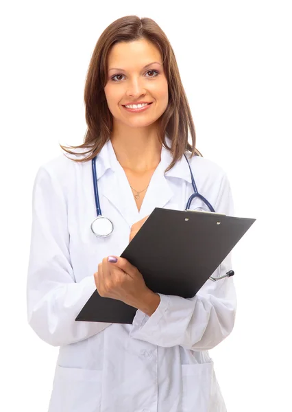 Retrato de feliz sucesso maduro feminino médico segurando uma almofada de escrita — Fotografia de Stock