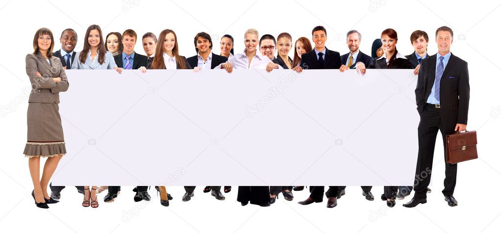Large group of young smiling business . Over white background