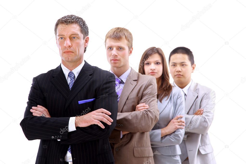 Businessman leading a business team in a line