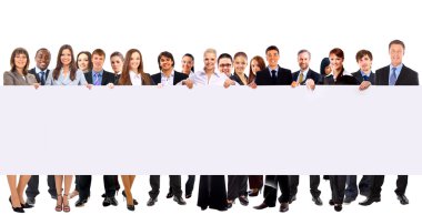 Group of business holding a banner ad isolated on white clipart