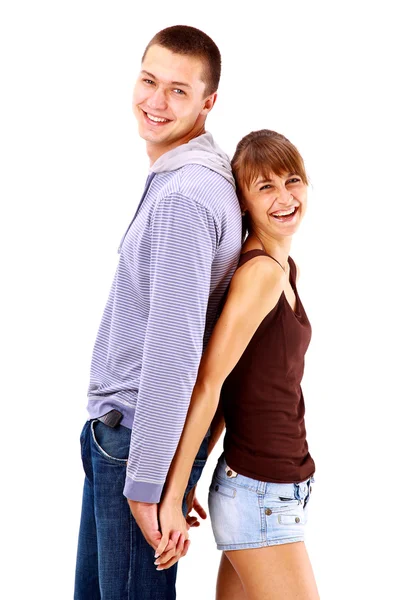 Šťastný usmívající se pár v lásce, bílé pozadí — Stock fotografie
