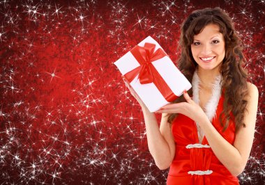 Portrait of a beautiful young woman wearing christmas clothes over sky of s clipart