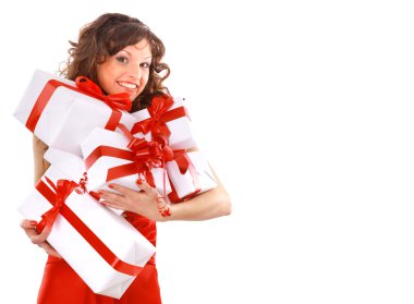 Picture of cheerful santa helper girl with gift box clipart