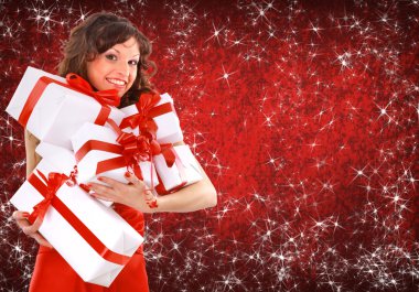 Portrait of a beautiful young woman wearing christmas clothes over sky of s clipart