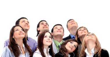 Closeup portrait of many men and women smiling and looking upwards clipart