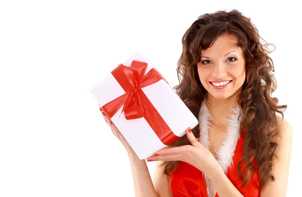 Foto di allegra ragazza aiutante di Babbo Natale con scatola regalo — Foto Stock