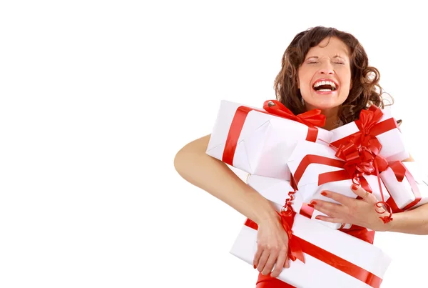 Foto di allegra ragazza aiutante di Babbo Natale con scatola regalo — Foto Stock