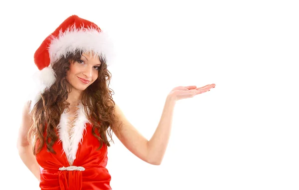 La mujer con vestido de Santa Claus está mirando en su mano. Aislado sobre blanco . —  Fotos de Stock